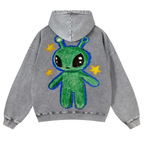 Cute Alien Back Print Casual Washed Hoodie