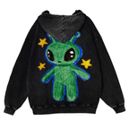 Cute Alien Back Print Casual Washed Hoodie