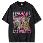 Playful Cat Meme Lesbian Surprise Unisex Vintage Washed Tee