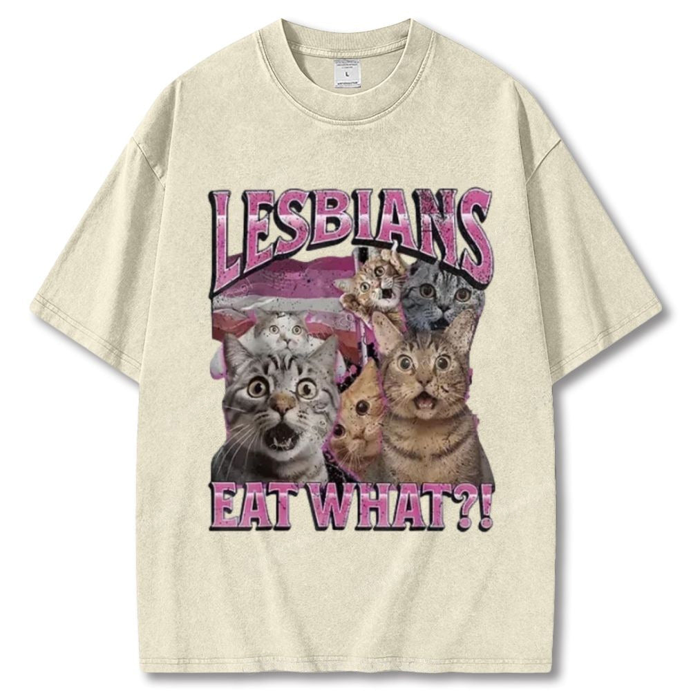 Playful Cat Meme Lesbian Surprise Unisex Vintage Washed Tee