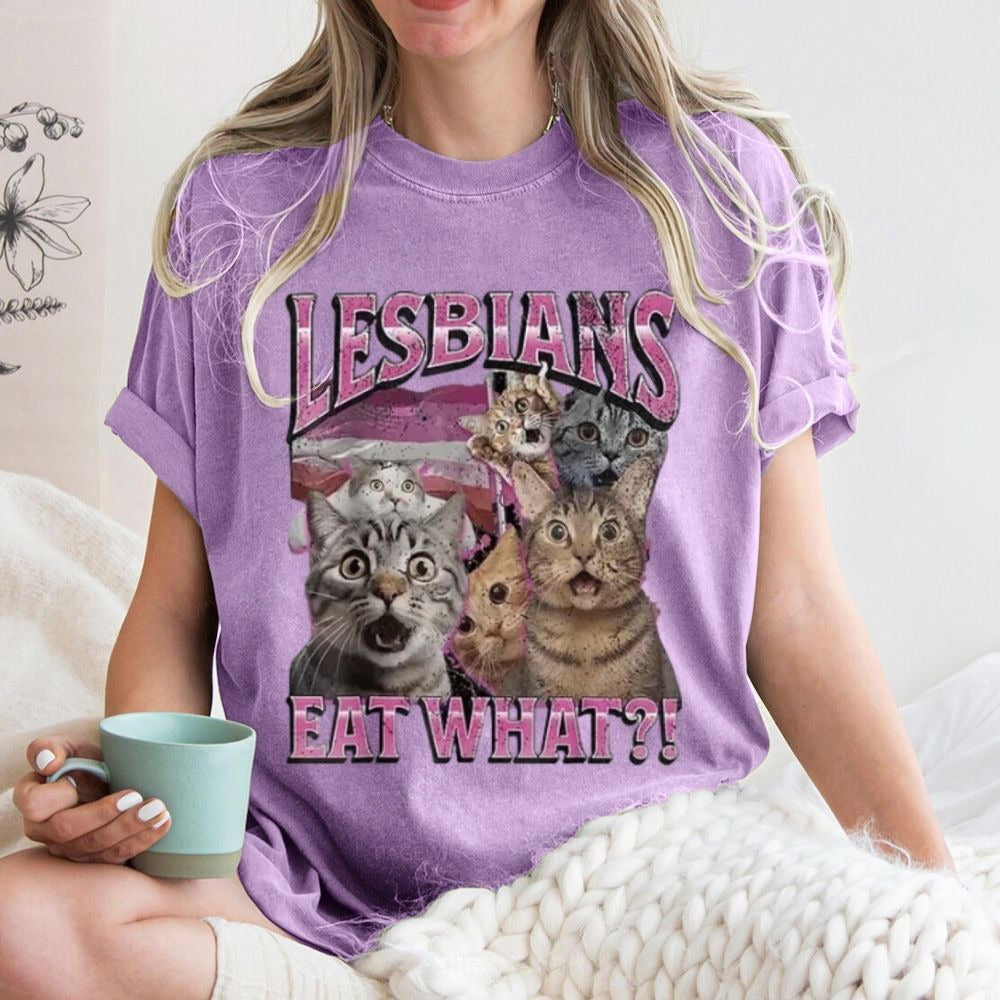 Playful Cat Meme Lesbian Surprise Unisex Vintage Washed Tee