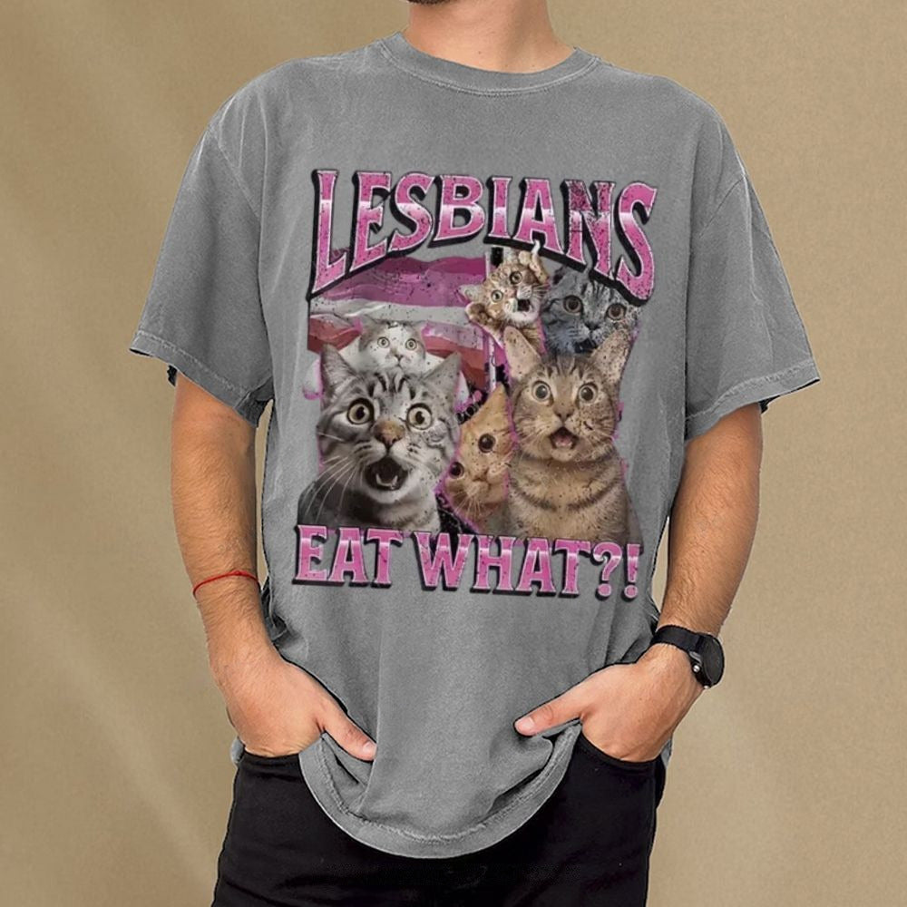 Playful Cat Meme Lesbian Surprise Unisex Vintage Washed Tee