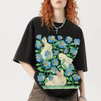 Rabbit In Green Leaves Unisex Vintage Washed Tee