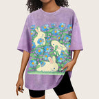 Rabbit In Green Leaves Unisex Vintage Washed Tee