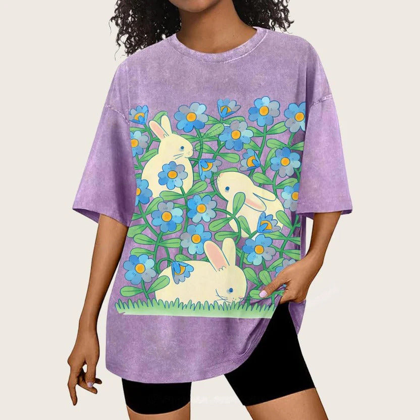 Rabbit In Green Leaves Unisex Vintage Washed Tee