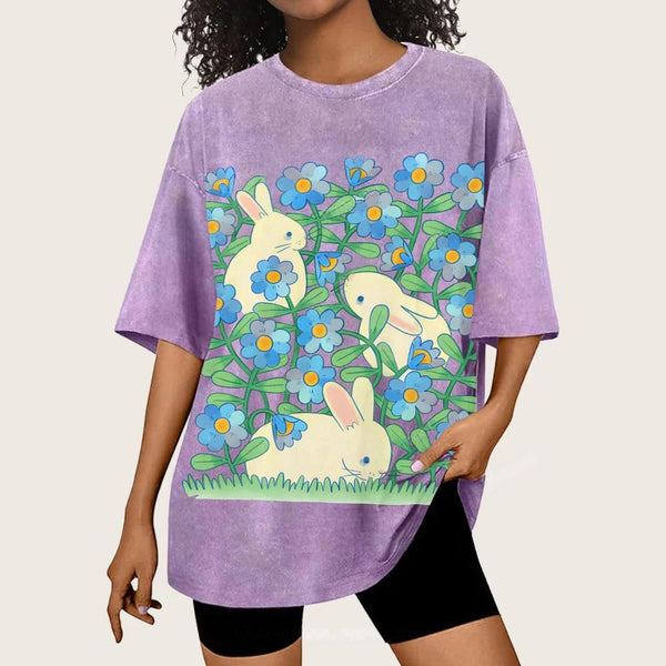 Rabbit In Green Leaves Unisex Vintage Washed Tee