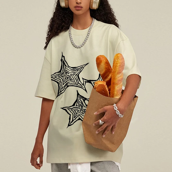 Trendy Geometric Star Print Unisex Vintage Washed Tee