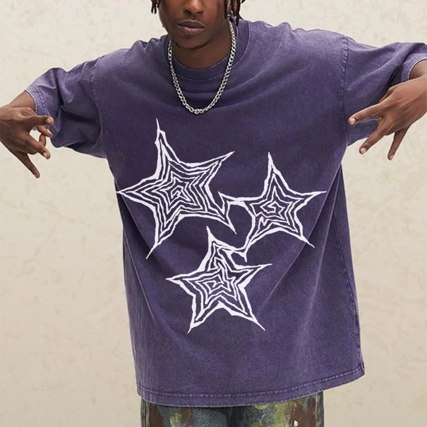 Trendy Geometric Star Print Unisex Vintage Washed Tee
