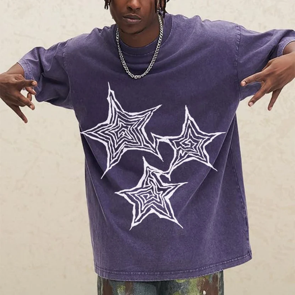Trendy Geometric Star Print Unisex Vintage Washed Tee