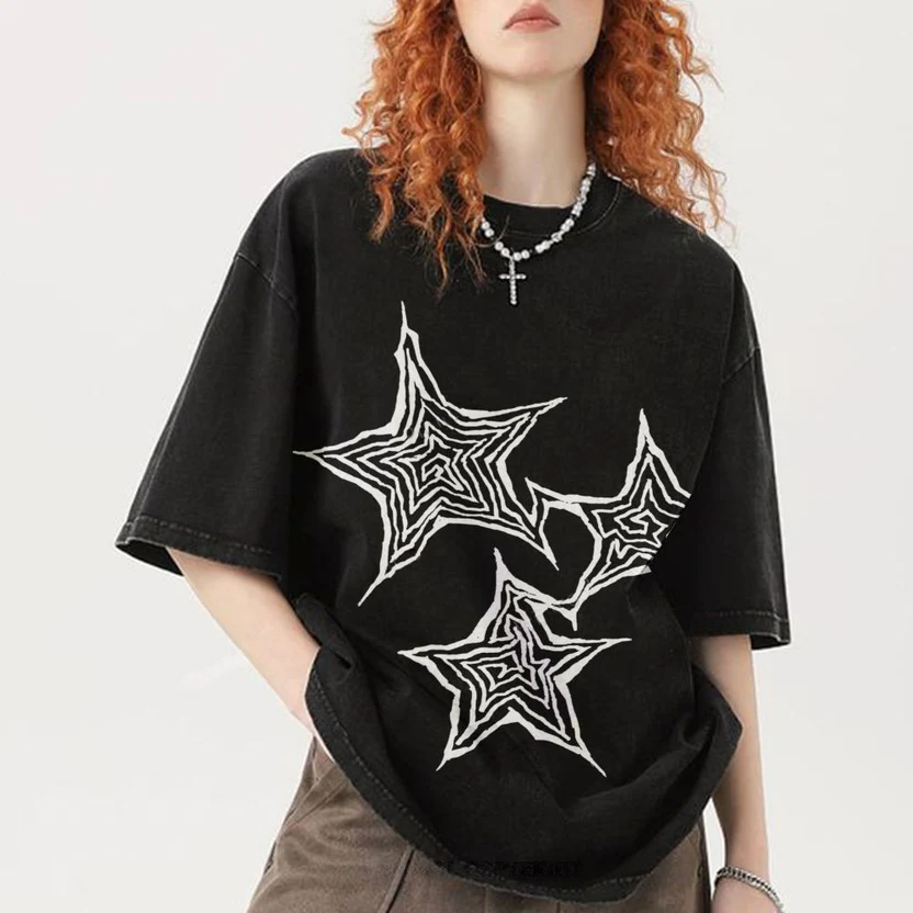 Trendy Geometric Star Print Unisex Vintage Washed Tee