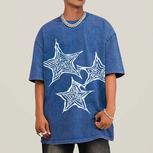 Trendy Geometric Star Print Unisex Vintage Washed Tee