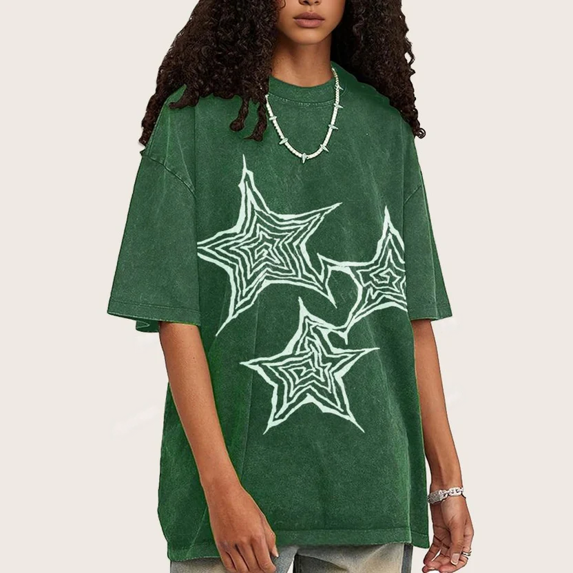 Trendy Geometric Star Print Unisex Vintage Washed Tee