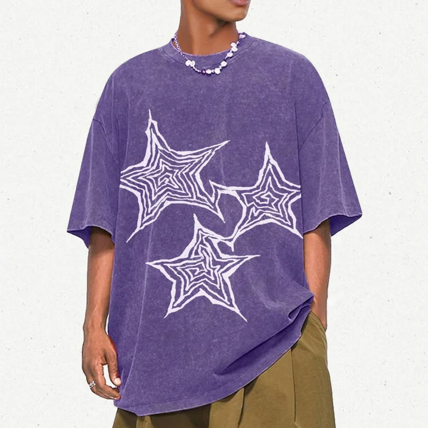 Trendy Geometric Star Print Unisex Vintage Washed Tee