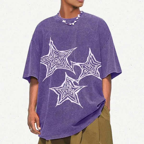 Trendy Geometric Star Print Unisex Vintage Washed Tee