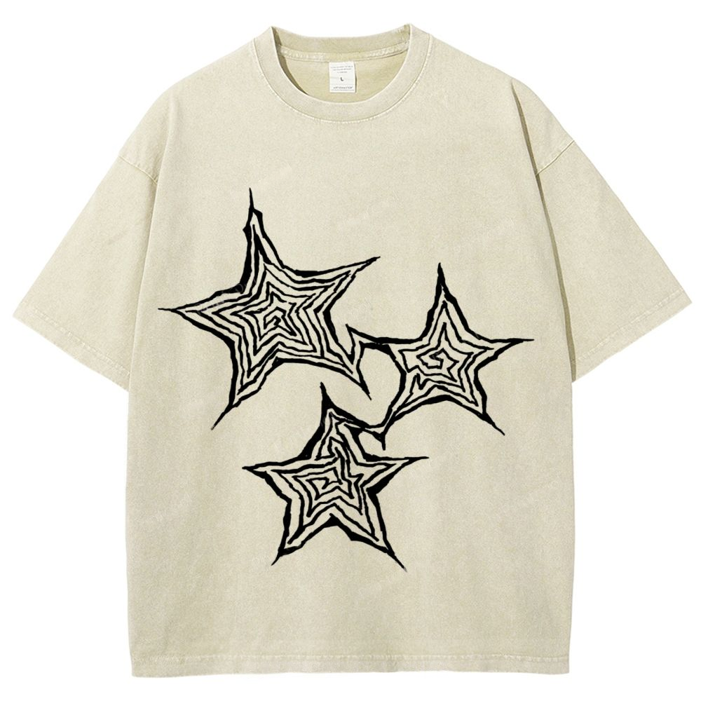 Trendy Geometric Star Print Unisex Vintage Washed Tee