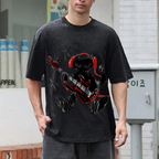 Black Cat Wearing Red Headphones Unisex Vintage Washed Tee