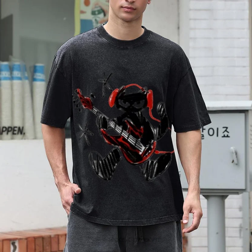 Black Cat Wearing Red Headphones Unisex Vintage Washed Tee