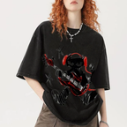 Black Cat Wearing Red Headphones Unisex Vintage Washed Tee