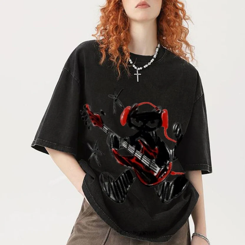 Black Cat Wearing Red Headphones Unisex Vintage Washed Tee