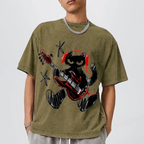 Black Cat Wearing Red Headphones Unisex Vintage Washed Tee
