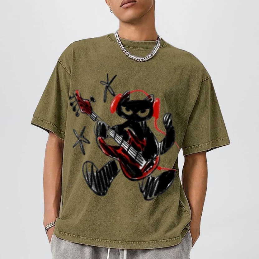 Black Cat Wearing Red Headphones Unisex Vintage Washed Tee