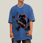 Black Cat Wearing Red Headphones Unisex Vintage Washed Tee
