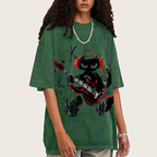 Black Cat Wearing Red Headphones Unisex Vintage Washed Tee
