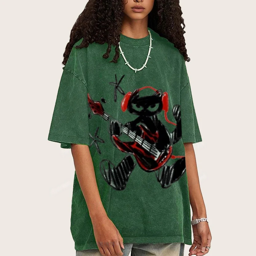 Black Cat Wearing Red Headphones Unisex Vintage Washed Tee