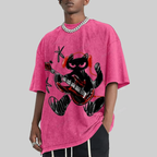 Black Cat Wearing Red Headphones Unisex Vintage Washed Tee