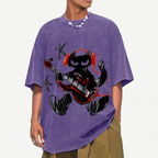 Black Cat Wearing Red Headphones Unisex Vintage Washed Tee