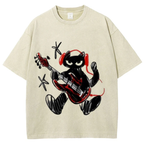 Black Cat Wearing Red Headphones Unisex Vintage Washed Tee