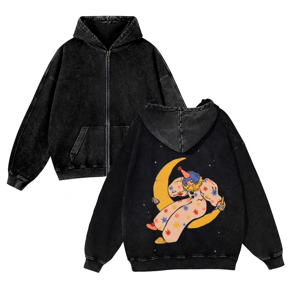 Clown on the Moon Unisex Washed Cotton Zip Up Hoodie