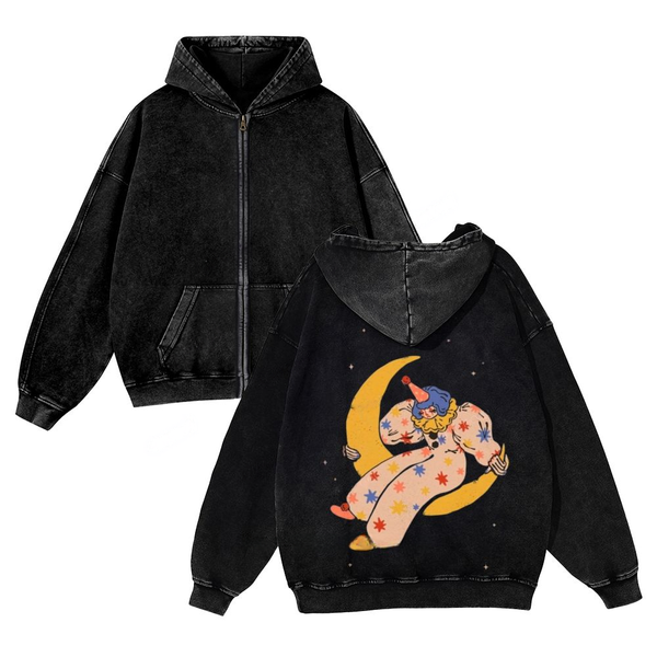 Clown on the Moon Unisex Washed Cotton Zip Up Hoodie