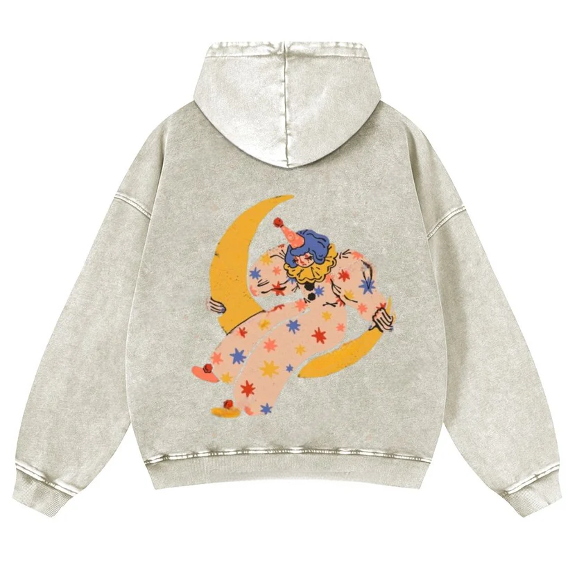 Clown on the Moon Unisex Washed Cotton Zip Up Hoodie