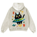 UFO Black Cat Casual Washed Hoodie