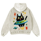UFO Black Cat Casual Washed Hoodie