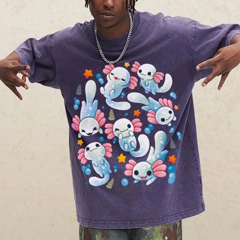 Playful Axolotl Puddle Unisex Vintage Washed Tee