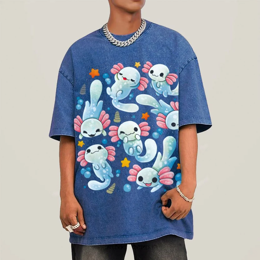 Playful Axolotl Puddle Unisex Vintage Washed Tee