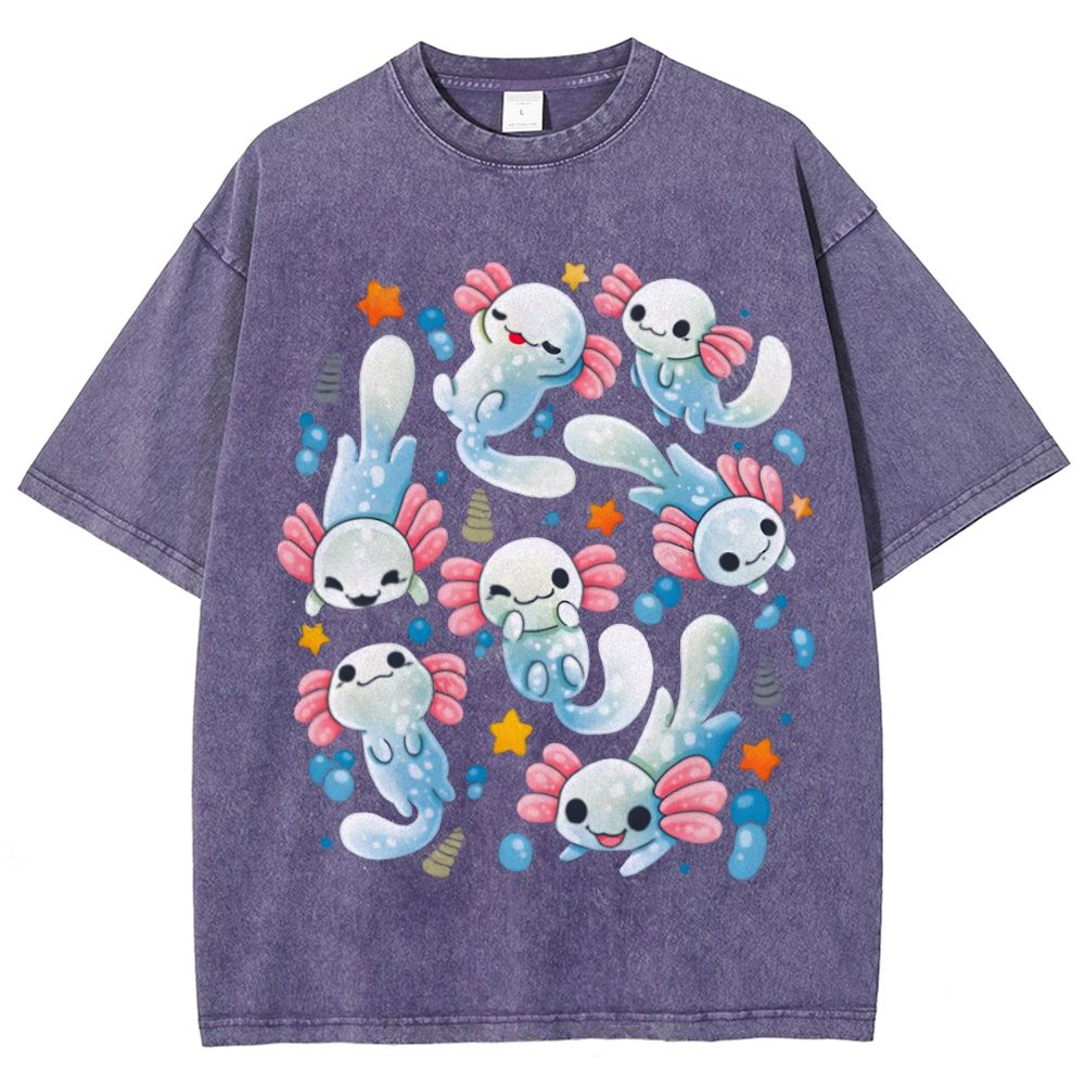 Playful Axolotl Puddle Unisex Vintage Washed Tee