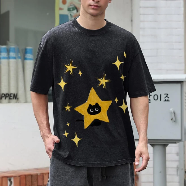 Starry Cat Illustration Unisex Vintage Washed Tee