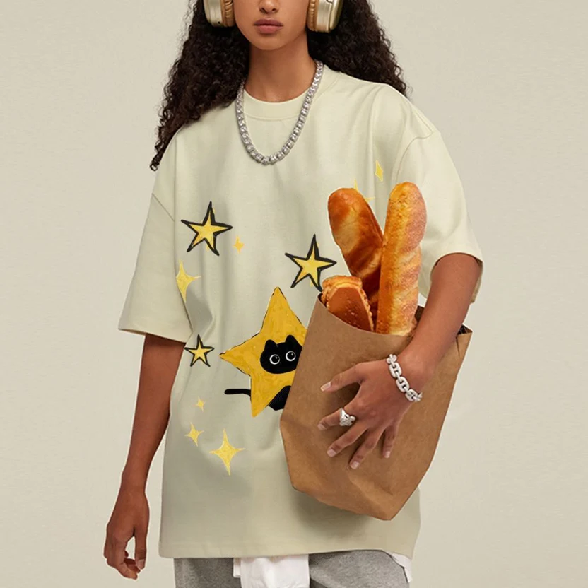 Starry Cat Illustration Unisex Vintage Washed Tee