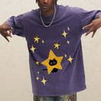 Starry Cat Illustration Unisex Vintage Washed Tee