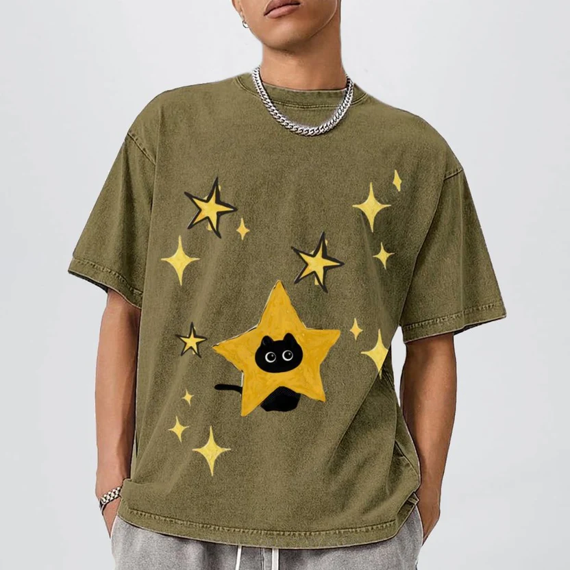Starry Cat Illustration Unisex Vintage Washed Tee