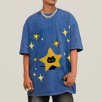 Starry Cat Illustration Unisex Vintage Washed Tee