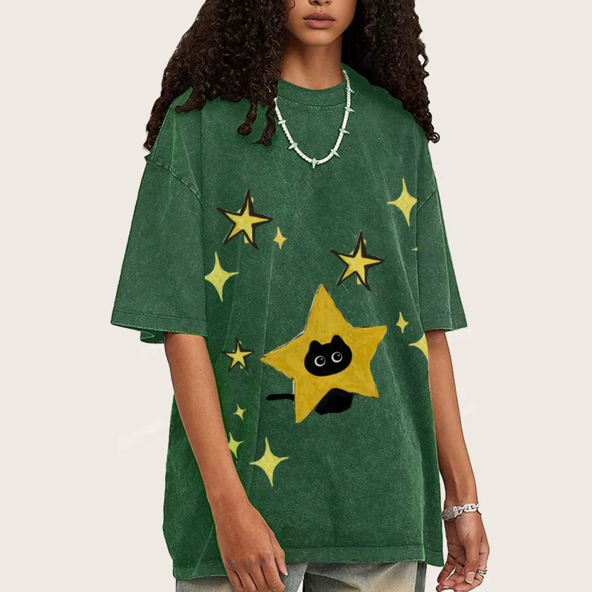 Starry Cat Illustration Unisex Vintage Washed Tee