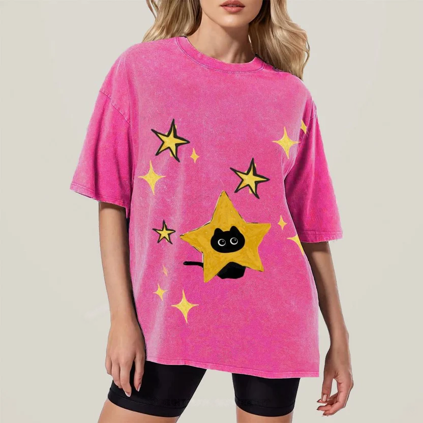 Starry Cat Illustration Unisex Vintage Washed Tee
