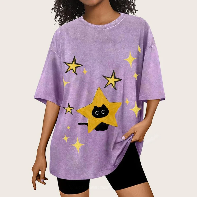 Starry Cat Illustration Unisex Vintage Washed Tee