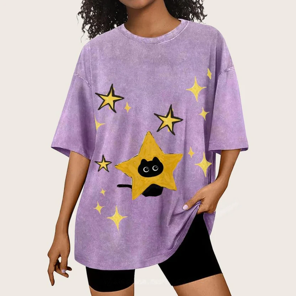 Starry Cat Illustration Unisex Vintage Washed Tee