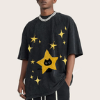 Starry Cat Illustration Unisex Vintage Washed Tee
