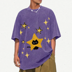 Starry Cat Illustration Unisex Vintage Washed Tee